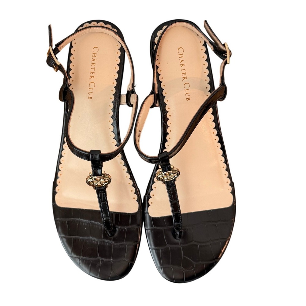Charter Club  Black Croc Embossed T-Strap‎ Wedge Sandals Gold detail  8.5M NWOB